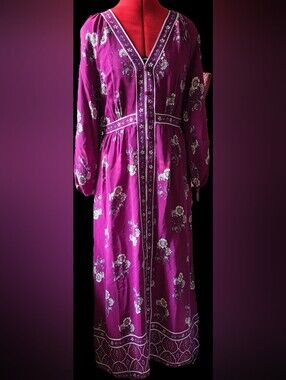 LOFT Plum Floral Long-Sleeve Button-Front Maxi Dress
